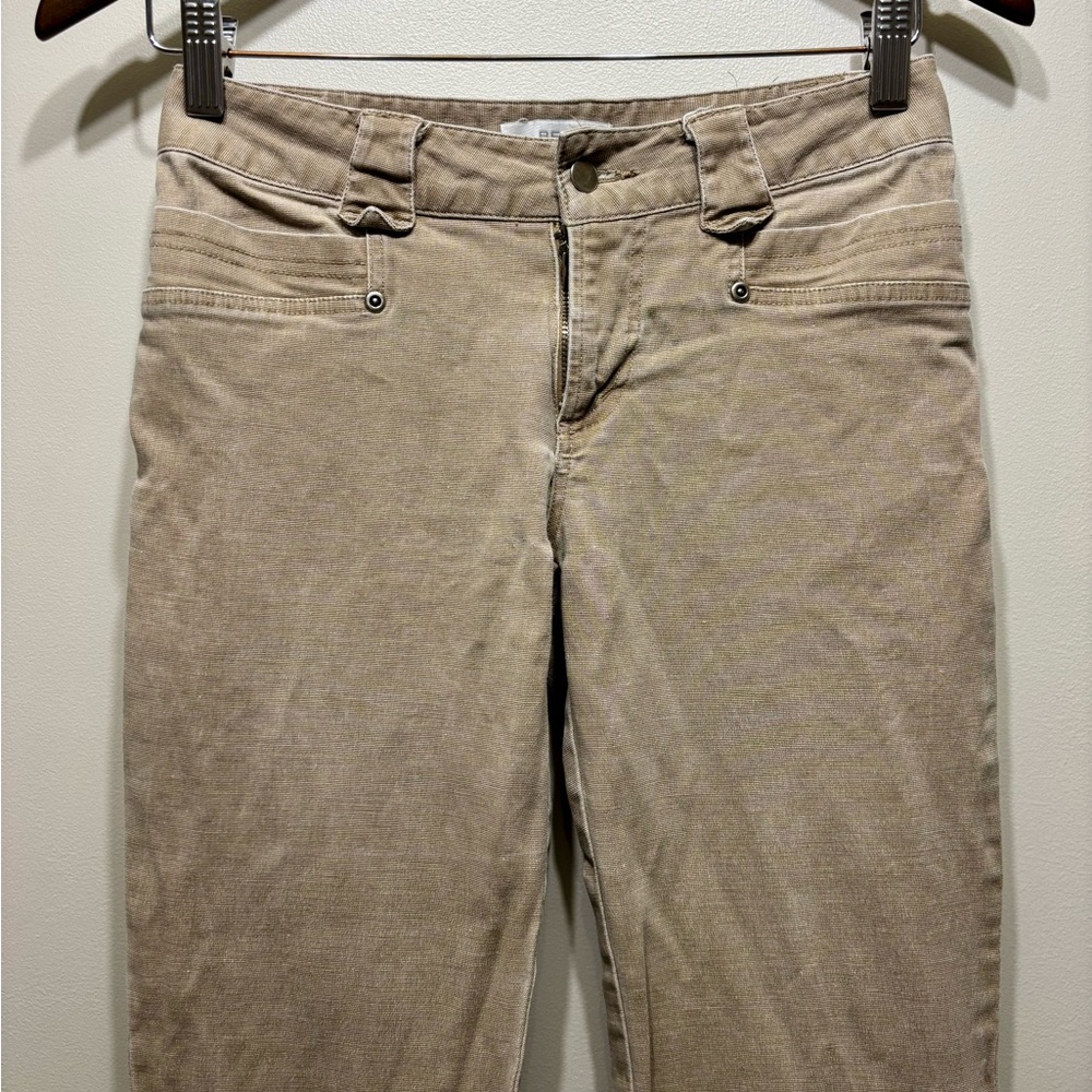 Bess Vintage Y2K Mid Rise Flare Capri Jeans Stretch Button Detail Tan S - Picture 3 of 12